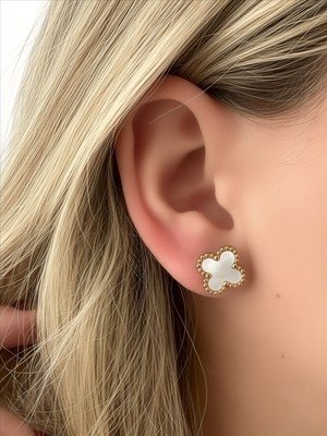 QA Quella Accessories Çelik Sedef Yonca   14K Altın Kaplama Gold Küpe