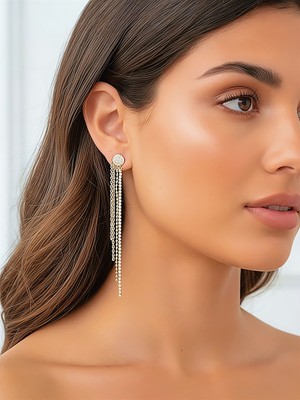 QA Quella Accessories Özel Seri  Zirkon Taş ve Zincir Sallantılı 14K Gold Küpe