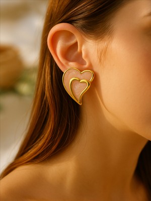 QA Quella Accessories Özel Seri Içiçe Kalp Somon Gold Küpe