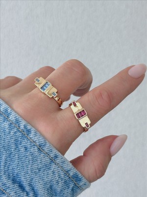 QA Quella Accessories Özel Seri Pembe-Mavi Şerit   14 Ayar Soft Rose Gold Ayarlanabilir Yüzük - Mavi
