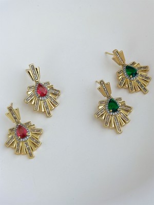 QA Quella Accessories Çelik Güneş Form Zirkon Taş Pembe & Yeşil 14K Altın Kaplama Gold Küpeler - Yeşil