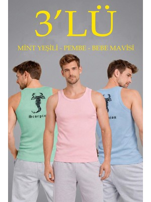 Marsilyan Erkek Spor Fitilli Atlet 3'lü Set Mint Yeşili Pembe Bebek Mavisi Slim Fit Kaşkorse Arka