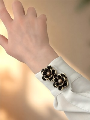 QA Quella Accessories Zirkon Siyah Çiçek  Gold Düğme Aksesuar Broş - Tek
