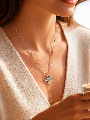 QA Quella Accessories Çelik Lacivert Güneş Figürlü 14K Altın Kaplama Gümüş & Gold Y Dekolte Kolye 45+5 cm - Gold