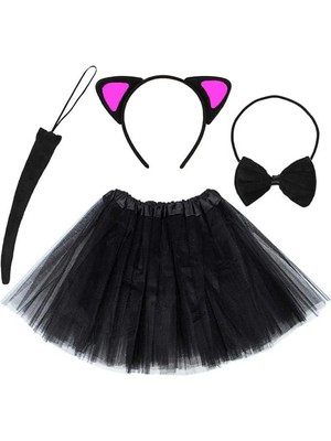 Emh Store Kedi Kulak Taç Etek Kuyruk ve Papyon 4 Lü Set Çocuk Pembe