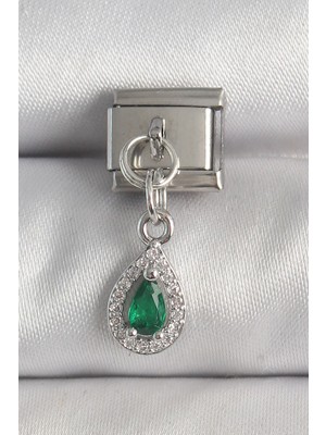 Emh Store 316L Çelik Gümüş Renk Sallantı Yeşil Zirkon Taşlı Damla Model Nomination Charm - TJ-BC1383