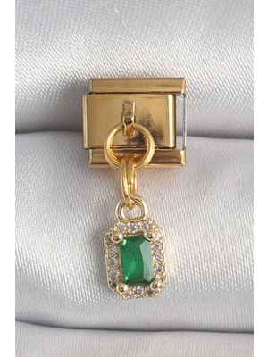Emh Store 316L Çelik Gold Renk Sallantı Kare Yeşil Zirkon Taşlı Nomination Charm - TJ-BC1352