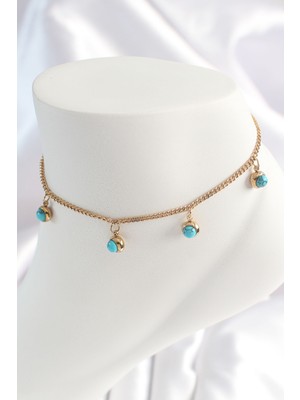 Emh Store 316L Çelik Gold Renk Zincir Model Mavi Taşlı Sallantı Figür Kadın Halhal - TJ-HH1531