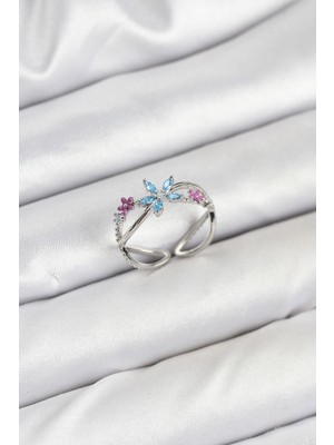 Emh Store Pirinç Gümüş Renk Zirkon Taşlı Mavi Çiçekli Kadın Yüzük - TJ-BYK3835