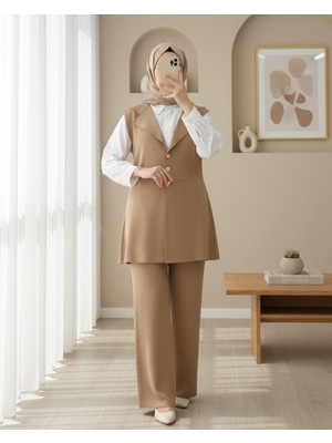 Modamorfo Düğmeli V Yaka Yelek Pantolon Triko Takım -Vizon