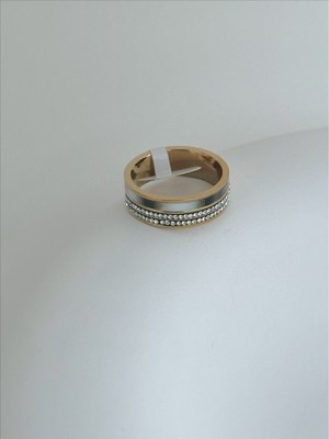 QA Quella Accessories Çelik Siyah Sedef Geçişli 14 Ayar Altın Kaplama Alyans Gold Yüzük - Size 6