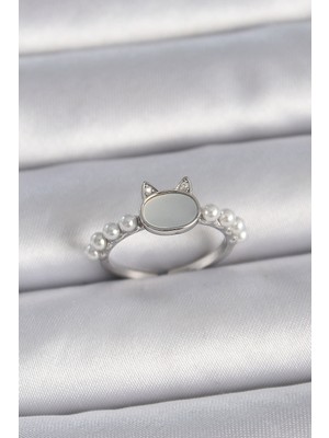 Emh Store Pirinç Gümüş Renk Ayarlanabilir Beyaz Mineli Kedi Model Inci Detay Kadın Yüzük - TJ-BYK3387