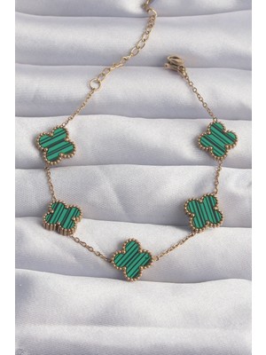 Emh Store 316L Çelik Gold Renk Çizgili Yeşil Mineli Yonca Bileklik - TJ-BB6260