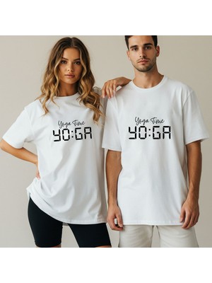 Kidilia Yoga Time Unisex Bisiklet Yaka Tasarım Tshirt - Beden: Srenk: Beyaz