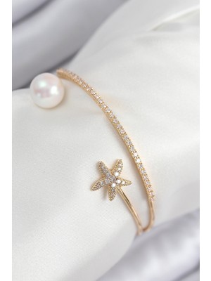 Hayat Store Pirinç Zirkon Taşlı Yıldız ve Inci Model Gold Renk Kadın Bileklik - Lisinya