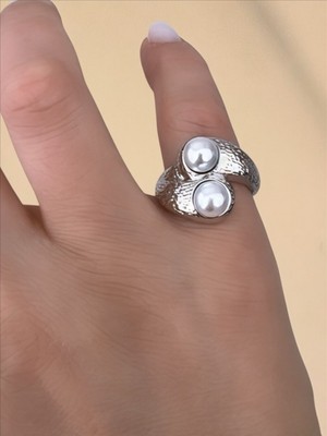 QA Quella Accessories Rodyum Sarmal Çift Beyaz Inci Tasarım Ayarlanabilir Gümüş Yüzük