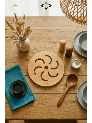 Liground %100 Bambu Nihale Dönen Çark Desenli | Isıya Dayanıklı Yuvarlak Tencere Tava Çaydanlık Altlığı