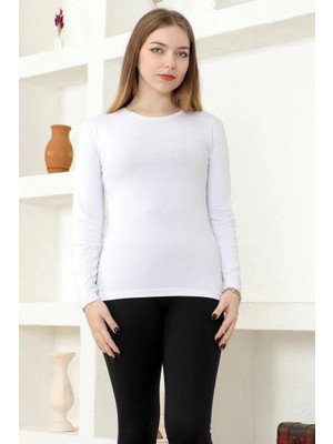 Hayat Store Rahat ve Şık Uzun Kollu Bisiklet Yaka Likralı Viskon Penye Body Beyaz ( Lisinya )