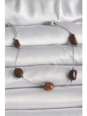 Emh Store 316L Çelik Gümüş Renk Zincir Kahverengi Doğaltaş Model Kadın Bileklik - TJ-BB6596