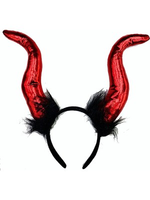 Emh Store Kırmızı Renk Mega Boy Siyah Tüylü Saten Kaplama Boynuzlu Malefiz Tacı 30X28 cm