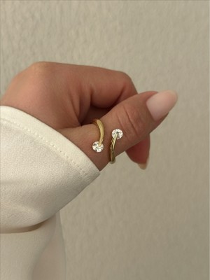 QA Quella Accessories Çelik Ikili Zirkon Taş 14 Ayar Altın Kaplama Ayarlanabilir Gold Yüzük
