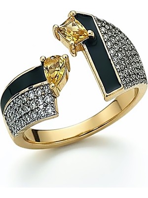 QA Quella Accessories Özel Seri  Sarı Zirkon Siyah Çizgi Detay Ayarlanabilir Gold Yüzük