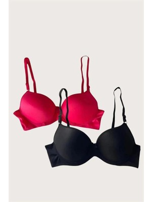 Hayat Store Arias Closet Siyah-Kırmızı 2'li Mikro Kumaş Push Up Dolgulu Balenli Günlük Destekli Sütyen