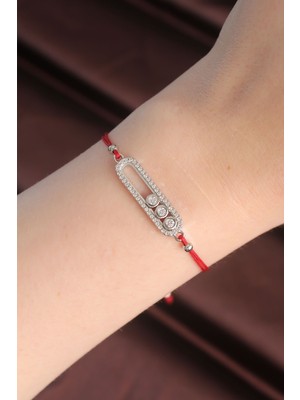 Emh Store Messika Model Gümüş Renk Zirkon Taş Tasarımlı Kırmızı Ip Asansörlü Bileklik - TJ-BB6056