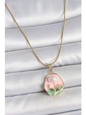 Hayat Store 316L Çelik Gold Renk Zincir Pembe Çiçek Işlemeli Inci Detay Portre Model Kadın Kolye - Lisinya