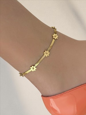 QA Quella Accessories Çelik Italyan Zincir Çiçek Sıralı Gold Halhal 20+5 cm