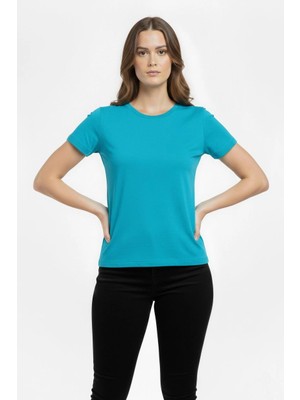 Marsilyan Kadın Bisiklet Yaka Slim Fit Likralı Tişört - Turkuvaz