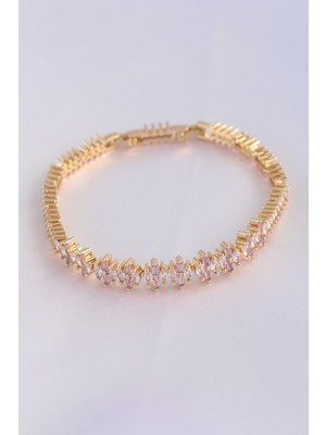 Emh Store Vip Seri Pirinç Pembe Zirkon Taşlı Gold Renk Baget Model Bileklik - TJ-BB6078