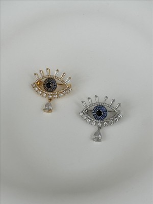 QA Quella Accessories Zirkon Taş Altın Kaplama Tasarım Lacivert Göz Nazar Gold & Gümüş Broş - Gümüş