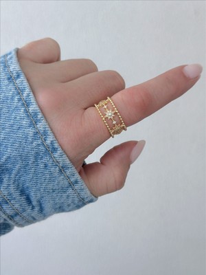 QA Quella Accessories Rodyum Yıldız Zirkon Tasarım 18 Ayar Rose Gold Ayarlanabilir Yüzük