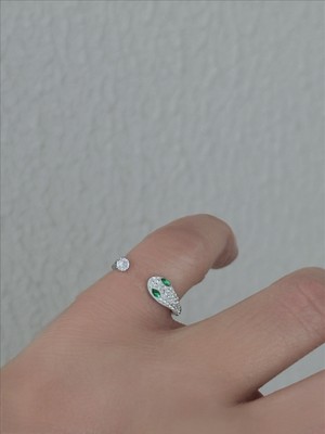 QA Quella Accessories Çelik Yeşil Beyaz Zirkon Yılan Tasarım Serçe Parmak Gümüş Yüzük