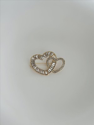 QA Quella Accessories Zirkon Taş Altın Kaplama Tasarım Ikili Kalp Krsital Gold Broş