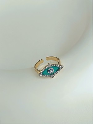 QA Quella Accessories Özel Seri Zirkon Yeşil Göz 14K Altın Kaplama Ayarlamalı Gold Yüzük