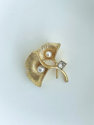 QA Quella Accessories Özel Seri  Inci Tasarım Zirkon Ikili Çiçek Gold Broş