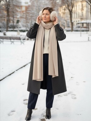 QA Quella Accessories Ucu Çoban Dikişli Yumuşak Triko Uzun Bej Şal 43X220 cm