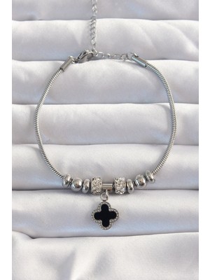 Emh Store 316L Çelik Gümüş Renk Zirkon Taş Aksesuarlı Siyah Mineli Yonca Bileklik - TJ-BB6230