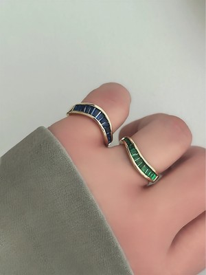 QA Quella Accessories Özel Seri Lacivert & Yeşil Zirkon Ayarlanabilir 14K Gold Yüzük - Lacivert