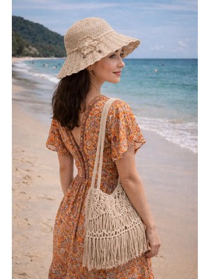 Çiçek Desen Örgülü Hasır Kadın Şapka