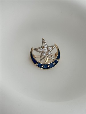 QA Quella Accessories Özel Seri  Zirkon Taş Lacivert Ay Inci Yıldız Tasarım Gold Broş