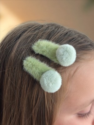 QA Quella Accessories Ponpon Peluş Yumuşak Klips Yeşil Çocuk Çıtçıt Toka