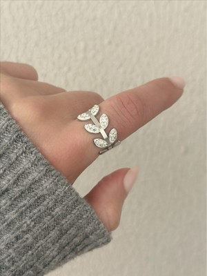 QA Quella Accessories Çelik Beyaz Yaprak Zirkon Taş Ayarlanabilir Gümüş Yüzük