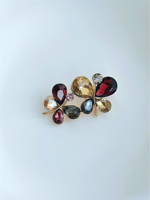 QA Quella Accessories Zirkon Tasarım Altın Kaplama Kahve Ikili Çiçek Gold Broş