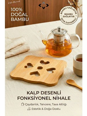 Liground %100 Bambu Nihale Kalp Desenli Isıya Dayanıklı Tencere Tava Çaydanlık Altlığı Dekoratif Ahşap Nihale