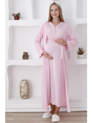 Erdeniz Tekstil Dantelli/emzirme Kolaylığı Sağlayan Uzun Kollu Hamile Gecelik/sabahlık Seti-2'li Set