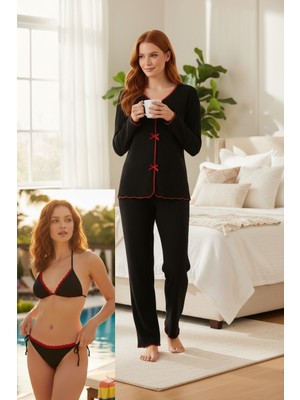 Lux Store Premium Kadın 4 Lü Fitilli Set - Siyah Kırmızı Biyeli (Pijama Üst, Pantolon, Bikini Takımı)