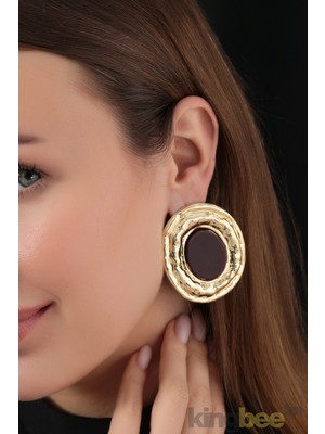 King Bee Zra Model Gold Çerçeve Koyu Bordo Daire Formlu Dokulu Küpe Vintage Stil Metalik Küpe